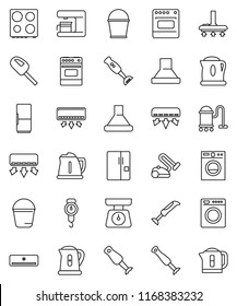thin line vector icon set - vacuum cleaner vector, bucket, kettle, scales, oven, blender, air conditioner, fridge, washer, coffee maker, hood
