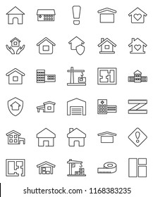 thin line vector icon set - house hold vector, school building, measuring, dry cargo, hospital, home, attention sign, cottage, barn, plan, love, construction crane, protect, window