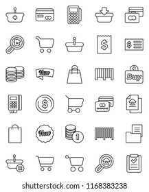 thin line vector icon set - dollar coin vector, cart, credit card, stack, receipt, estate document, search, new, shopping bag, buy, barcode, reader, basket, list