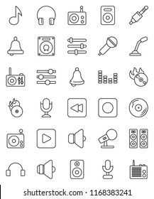 thin line vector icon set - bell vector, music, disk, hit, microphone, radio, speaker, equalizer, headphones, play button, backward, rec, jack