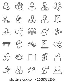 thin line vector icon set - student vector, manager, man, horizontal bar, stairways run, client, speaking, social media, group, gender sign, head bandage, medical room, doctor, share, login