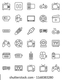 thin line vector icon set - cinema clap vector, film spool, tv, gamepad, video camera, remote control, pause button, hdmi, web, projector