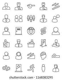 thin line vector icon set - water closet vector, student, manager, man, stairways run, support, client, speaking, doctor, gender sign, eye hat, head bandage, medical room, consumer