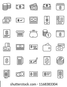 thin line vector icon set - credit card vector, cash, coin stack, check, receipt, dollar calendar, money, wallet, reader, tap pay