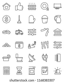 Thin Line Vector Icon Set - Plunger Vector, Bucket, Toilet, Cook Glove, Jug, Bank, Dollar Medal, Calendar, Gold Ingot, Hand Trainer, Sports Nutrition, Oxygen, Truck Trailer, Route, Satellite Antenna