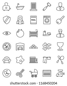 thin line vector icon set - splotch vector, bath, drying clothes, cleaner woman, meat hammer, toaster, scissors, exchange, manager, calendar, gold ingot, jump rope, fitball, ship, glass, eye, shield
