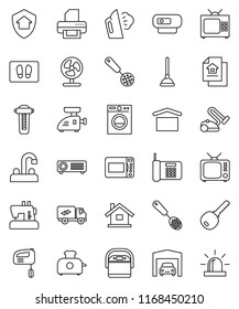 thin line vector icon set - plunger vector, welcome mat, steaming, water tap, skimmer, dry cargo, tv, house, garage, estate document, key, relocation truck, home protect, washer, mixer, meat grinder