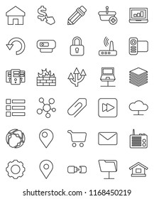 thin line vector icon set - pencil vector, cart, laptop graph, dollar cursor, map pin, video camera, social media, forward button, connection, notebook network, folder, cloud, big data, server, gear