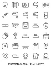 thin line vector icon set - vacuum cleaner vector, iron, kettle, mixer, oven, rca, air conditioner, ari condition, fridge, multi cooker, epilator, blender, fan, double boiler, heater, bulb