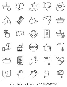 thin line vector icon set - soap vector, foam basin, rubber glove, house hold, hand mill, mixer, chicken leg, investment, trainer, muscule, boxing, traking, touchscreen, finger up, down, crutches