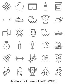 thin line vector icon set - award cup vector, target, barbell, weight, jump rope, punching bag, fitball, muscule hand, snickers, boxing glove, shorts, roller Skates, skateboard, medal, water bottle