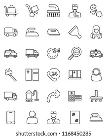thin line vector icon set - scraper vector, vacuum cleaner, fetlock, window cleaning, iron, steaming, shining, woman, dollar cursor, phone 24, support, delivery, cargo search, mobile, doctor, hour