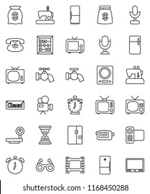 thin line vector icon set - water tap vector, glasses, alarm clock, abacus, sand, big scales, film frame, tv, video camera, microphone, classic phone, fridge, money bag, closed, kitchen