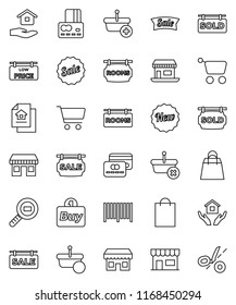 thin line vector icon set - house hold vector, cart, credit card, office, cargo search, estate document, sale signboard, rooms, sold, low price, new, shopping bag, store, buy, barcode, basket