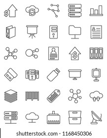 thin line vector icon set - presentation vector, archive, personal information, graph, dollar growth, binder, board, barcode, social media, network, folder, server, cloud, exchange, big data, usb