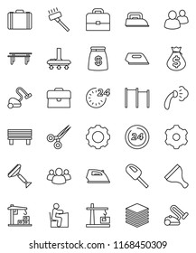 thin line vector icon set - scraper vector, vacuum cleaner, iron, steaming, student, case, money bag, horizontal bar, group, scissors, big data, gear, bench, construction crane, 24 hour