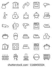thin line vector icon set - iron vector, steaming, pan, camping cauldron, kettle, cook glove, turk coffee, toaster, oven, thermometer, bbq, flammable, fireplace, heating, maker, hair dryer, heater