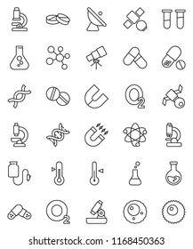 thin line vector icon set - thermometer vector, atom, telescope, microscope, magnet, flask, pills, molecule, oxygen, satellite, antenna, vial, dna, drop counter, ovule