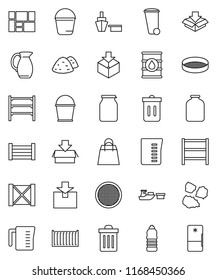 thin line vector icon set - bucket vector, trash bin, garbage pile, measuring cup, jug, sieve, jar, water bottle, sea container, port, wood box, consolidated cargo, package, oil barrel, shelving