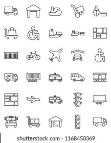 thin line vector icon set - school bus vector, bike, plane, traffic light, ship, truck trailer, sea container, delivery, car, port, consolidated cargo, warehouse, Railway carriage, disabled, garage
