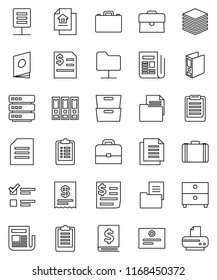 thin line vector icon set - case vector, clipboard, certificate, document, archive, exam, annual report, binder, receipt, newspaper, network folder, big data, estate, catalog, printer