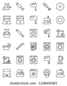 thin line vector icon set - washer vector, washing powder, mixer, double boiler, blender, tomography, gear, construction crane, card reader, dishwasher, coffee maker, meat grinder, sewing machine