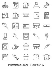 thin line vector icon set - vacuum cleaner vector, bucket, kettle, scales, oven, blender, air conditioner, fridge, washer, coffee maker, hood