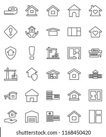 thin line vector icon set - house hold vector, school building, measuring, dry cargo, hospital, home, attention sign, cottage, barn, plan, love, construction crane, protect, mall, window