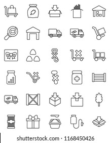 thin line vector icon set - washing powder vector, cereal, pasta, delivery, wood box, cargo, no trolley, hook, warehouse, package, search, pills bottle, drop counter, relocation truck, gift