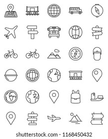 thin line vector icon set - camping cauldron vector, backpack, compass, school bus, world, bike, signpost, navigator, earth, map pin, Railway carriage, plane, ship, globe, mountain