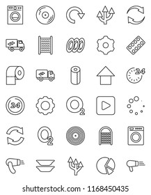 thin line vector icon set - washboard vector, toilet paper, plates, pie graph, arrow up, oxygen, disk, play button, pills blister, gear, refresh, redo, loading, route, relocation truck, 24 hour