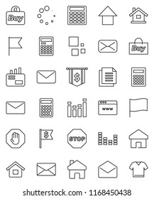 thin line vector icon set - calculator vector, flag, arrow up, dollar, document, equalizer, mail, browser, home, loading, stop, house, buy, clothes