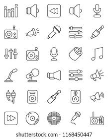 thin line vector icon set - music vector, disk, microphone, radio, speaker, loudspeaker, settings, equalizer, forward button, backward, rca, jack