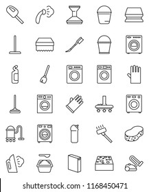thin line vector icon set - broom vector, vacuum cleaner, mop, bucket, sponge, car fetlock, steaming, washer, washing powder, cleaning agent, rubber glove