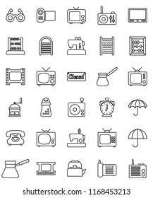 thin line vector icon set - washboard vector, kettle, hand mill, turk coffee, glasses, alarm clock, abacus, phone, umbrella, film frame, radio, tv, closed, video camera, sewing machine