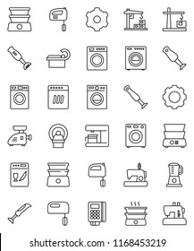 thin line vector icon set - washer vector, mixer, double boiler, blender, tomography, gear, construction crane, card reader, dishwasher, coffee maker, meat grinder, sewing machine