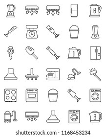thin line vector icon set - vacuum cleaner vector, bucket, kettle, scales, oven, blender, air conditioner, fridge, washer, coffee maker, hood