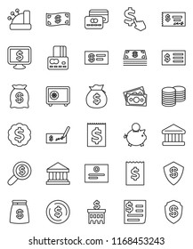 thin line vector icon set - certificate vector, bank, dollar coin, credit card, money bag, piggy, stack, check, building, receipt, search, medal, safe, monitor, cursor, cash, cashbox, shield
