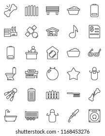 thin line vector icon set - fetlock vector, toilet, foam basin, apron, glasses, student, music, annual report, fitball, shuttlecock, satellite, truck trailer, battery, dropper, broken bone, bench