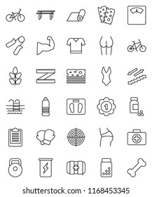 thin line vector icon set - measuring vector, scales, clipboard, pills vial, bike, weight, hand trainer, horizontal bar, muscule, buttocks, boxing glove, swimsuite, t shirt, target, medal, cereals
