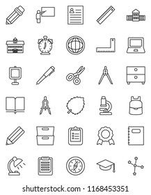 thin line vector icon set - book vector, copybook, graduate hat, university, pencil, school building, blackboard, corner ruler, drawing compass, backpack, pen, microscope, table lamp, notebook pc