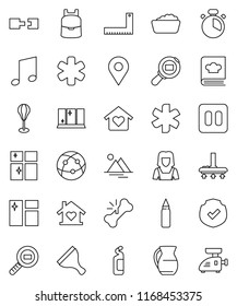 thin line vector icon set - scraper vector, vacuum cleaner, window cleaning, foam basin, agent, shining, woman, cook timer, cookbook, jug, corner ruler, backpack, music, punching bag, protected, pin