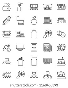 thin line vector icon set - toilet vector, sprayer, plates, jar, pasta, pencil, apple fruit, money search, hierarchy, stadium, Railway carriage, satellite, truck trailer, newspaper, pills, mailbox