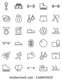 thin line vector icon set - barbell vector, stadium, weight, jump rope, punching bag, fitball, muscule hand, snickers, boxing glove, shorts, roller Skates, skateboard, medal, sports nutrition, pool