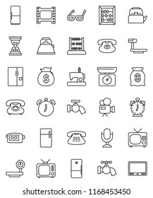 thin line vector icon set - water tap vector, kettle, glasses, alarm clock, abacus, money bag, sand, phone, big scales, film frame, tv, video camera, microphone, classic, fridge, kitchen