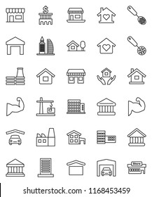 thin line vector icon set - house hold vector, skimmer, school building, university, bank, muscule hand, office, dry cargo, warehouse, cottage, chalet, garage, apartments, love home, factory, store