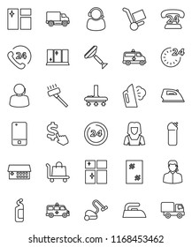 thin line vector icon set - scraper vector, vacuum cleaner, window cleaning, iron, steaming, agent, shining, woman, dollar cursor, phone 24, support, delivery, mobile, hospital building, hour