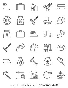 thin line vector icon set - scraper vector, vacuum cleaner, rake, steaming, student, case, money bag, big scales, group, vial, scissors, bench, construction crane, 24 hour, iron