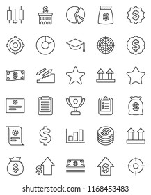 thin line vector icon set - graduate hat vector, clipboard, award cup, certificate, graph, pie, japanese candle, money bag, dollar growth, bank building, target, medal, sign, stairways run, top