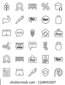 thin line vector icon set - jar vector, pen, medal, personal information, muscule hand, shorts, cereals, no hook, weight, barcode, message, low price signboard, smart home, protect, new, open, buy